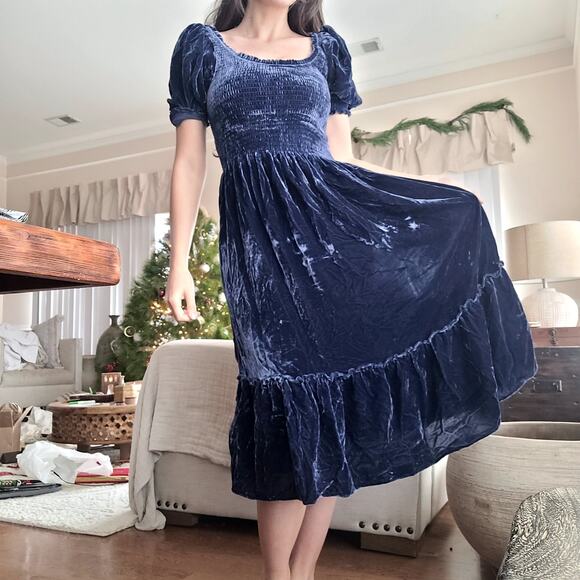 Hill House Blue Velvet Dress The Louisa Nap Dress Smocked Sz S - Picture 1 of 4